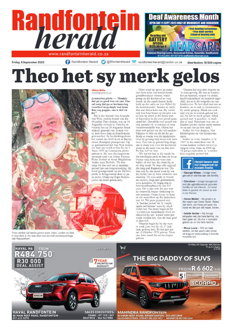 Randfontein Herald 8 September 2023 page 1