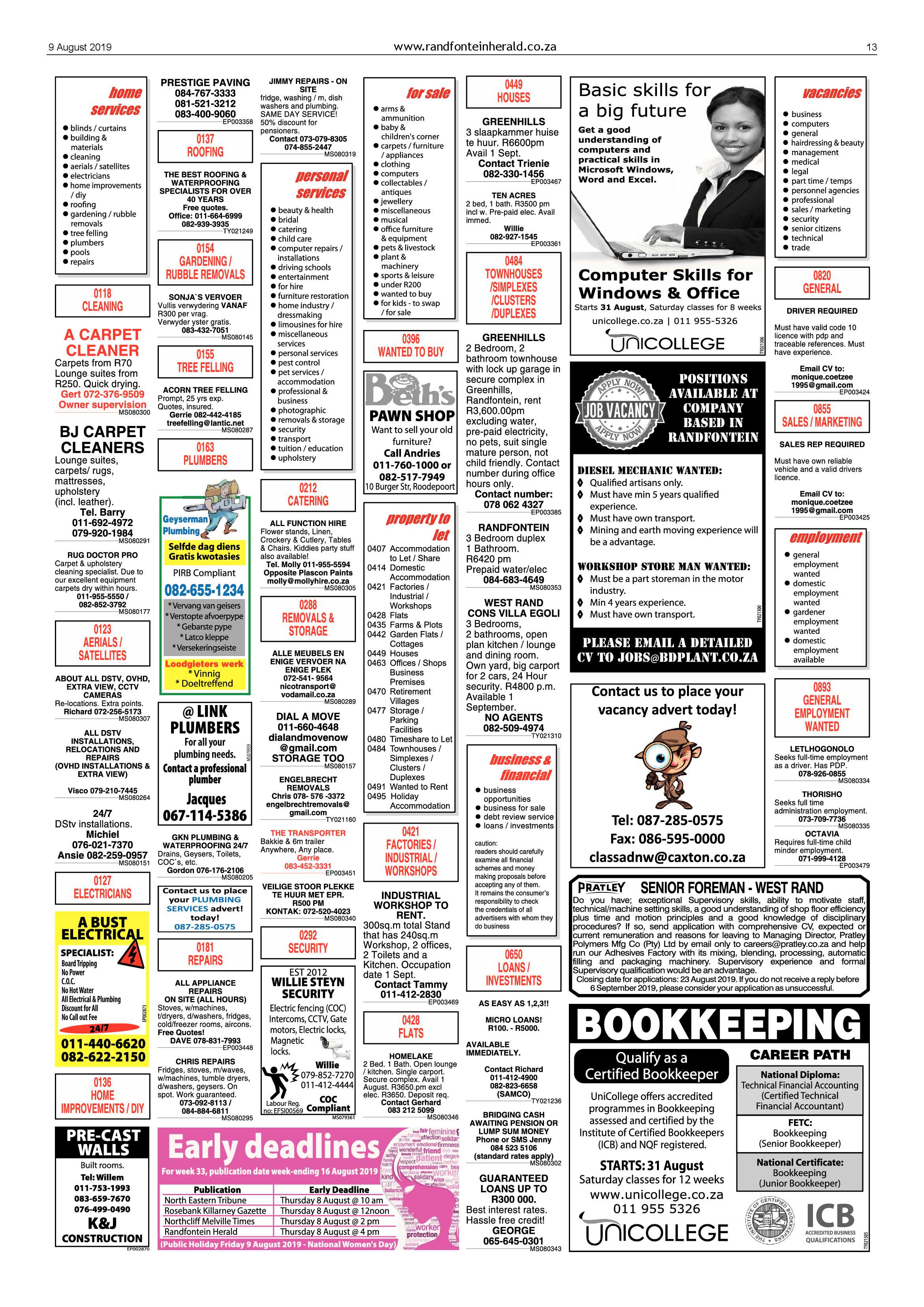 Randfontein Herald 9 August 2019 page 13