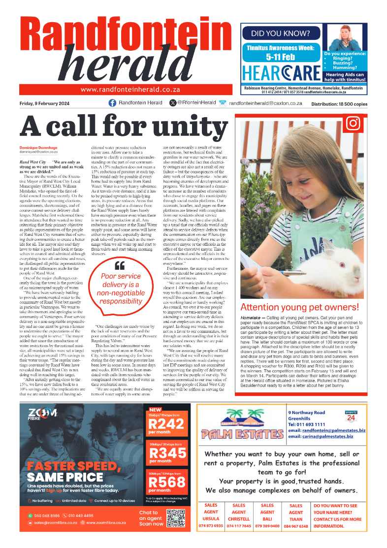 Randfontein Herald 9 February 2024 page 1