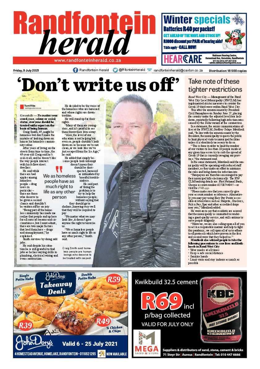 Randfontein Herald 9 July 2021 page 1